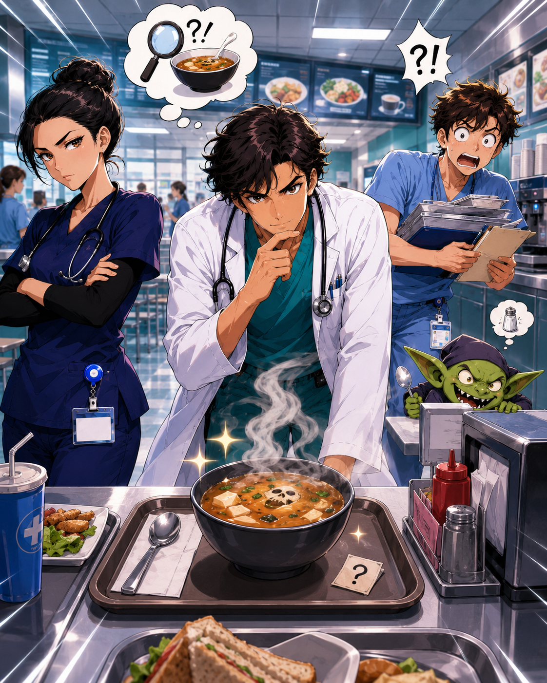 The HospitalDaily cast investigating cafeteria soup.