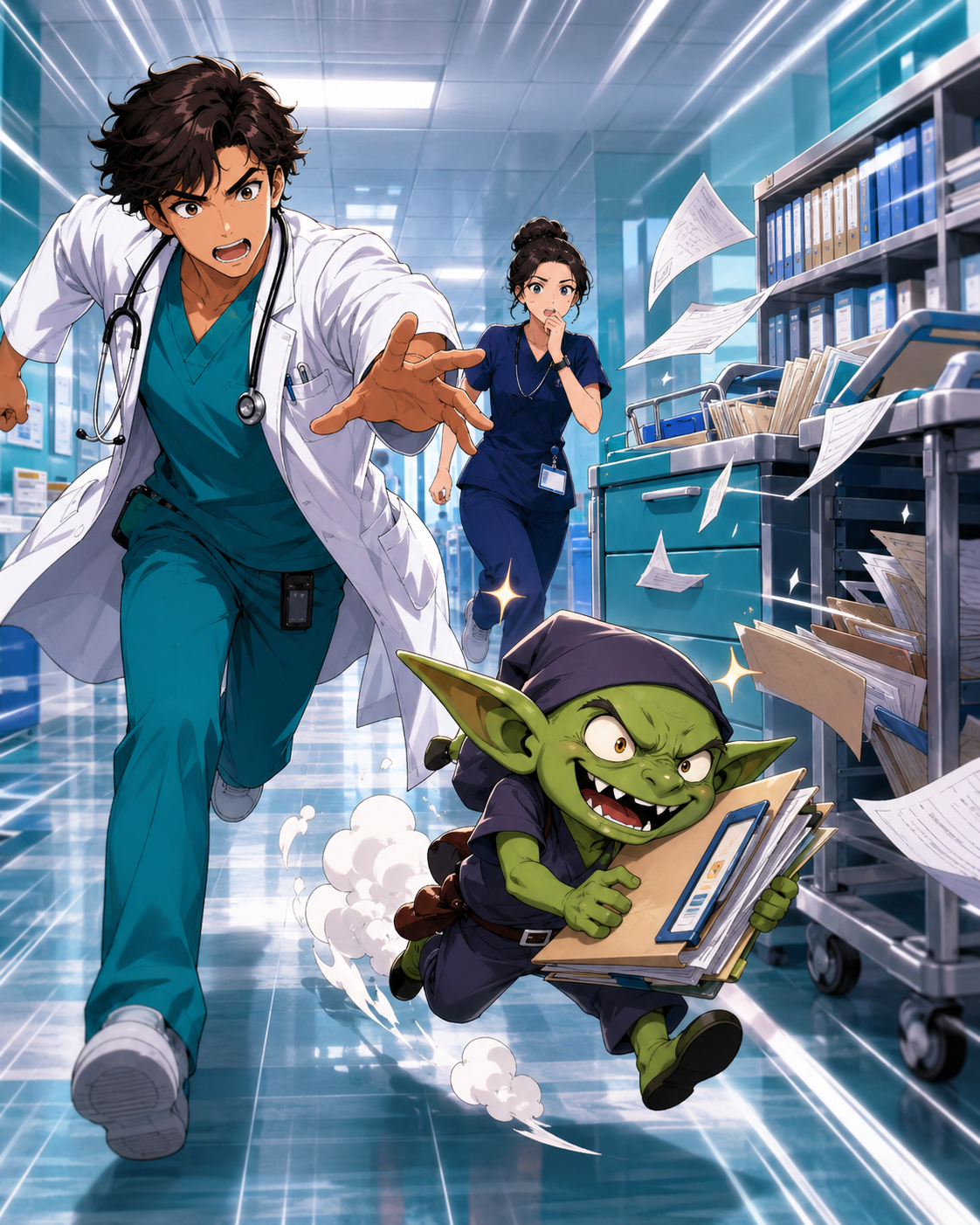 The Chart Goblin stealing paperwork in a hospital hallway chase.