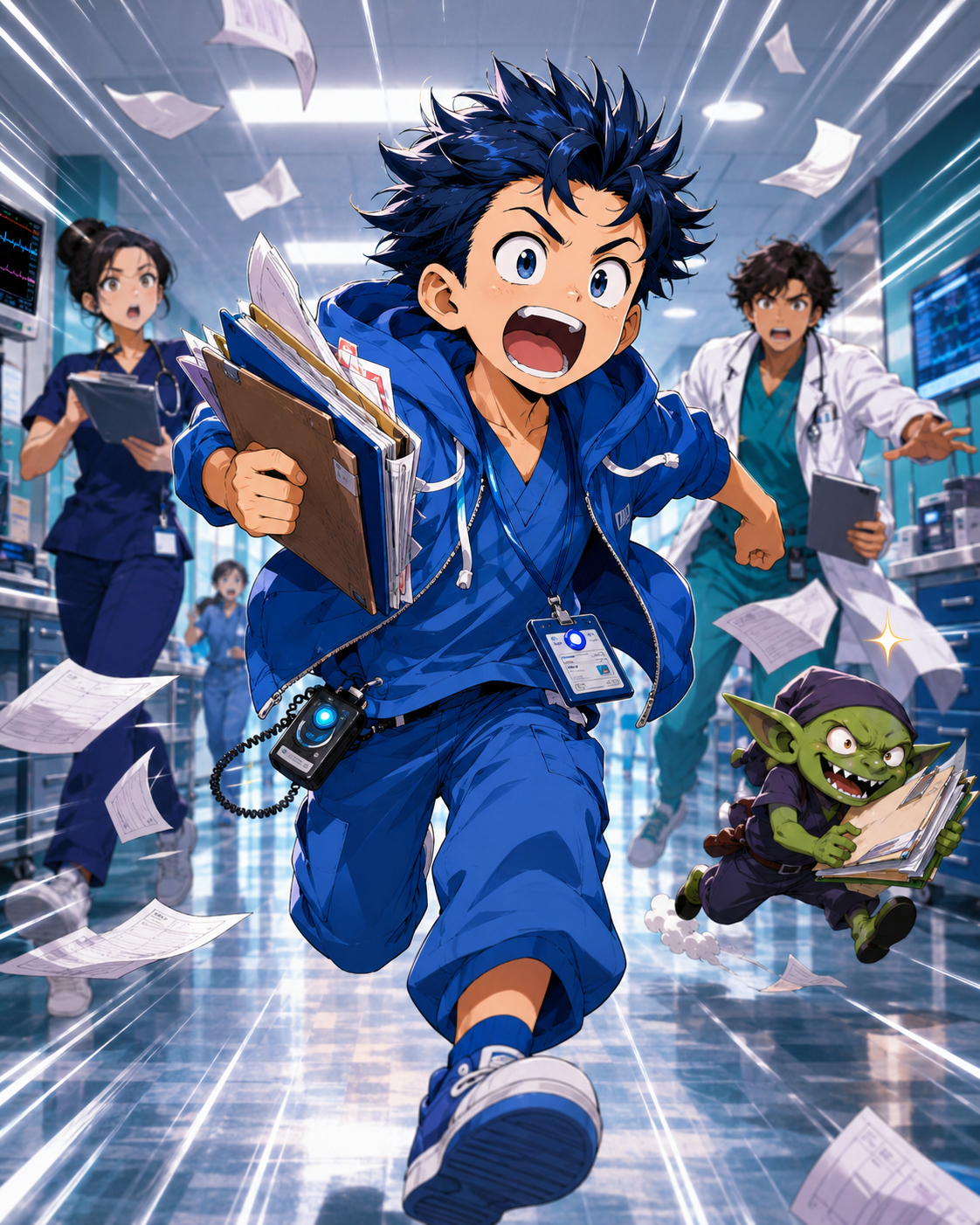 Code Blue Boy sprinting down a hospital hallway.