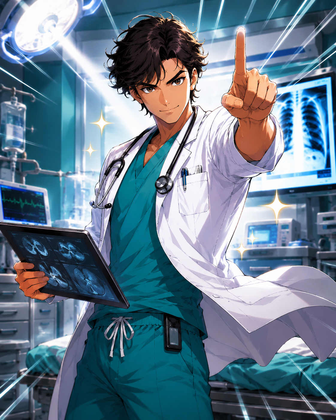 Dr. Stat making a dramatic diagnosis pose in a hospital room.