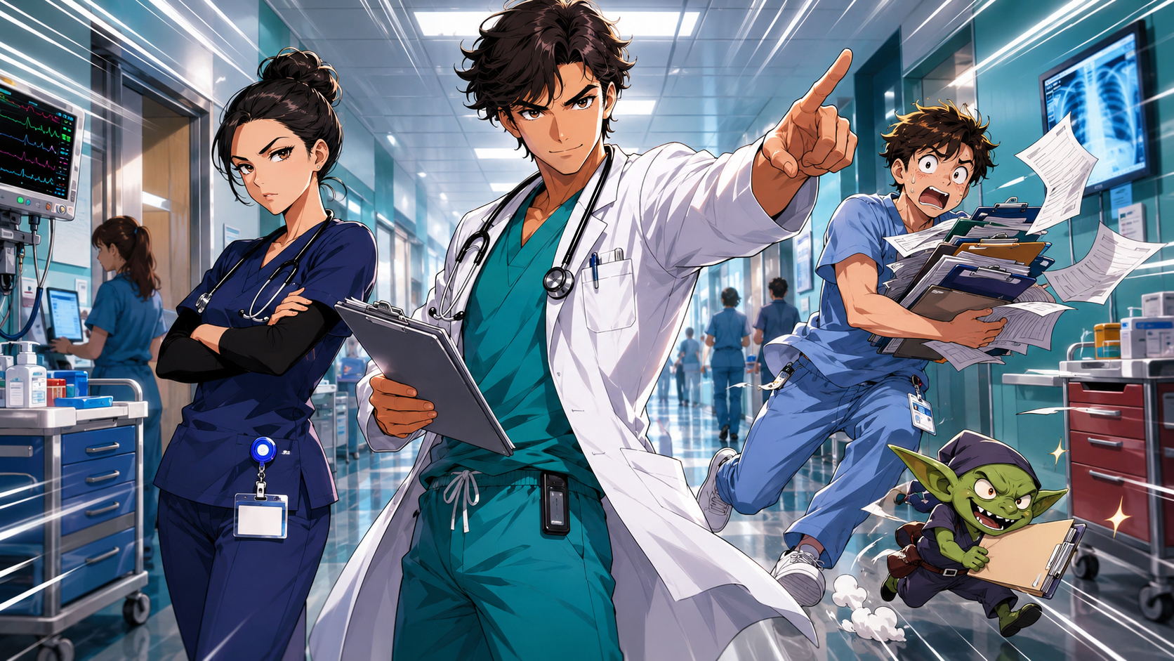 The HospitalDaily cast in a dramatic comedy manga hospital hallway.