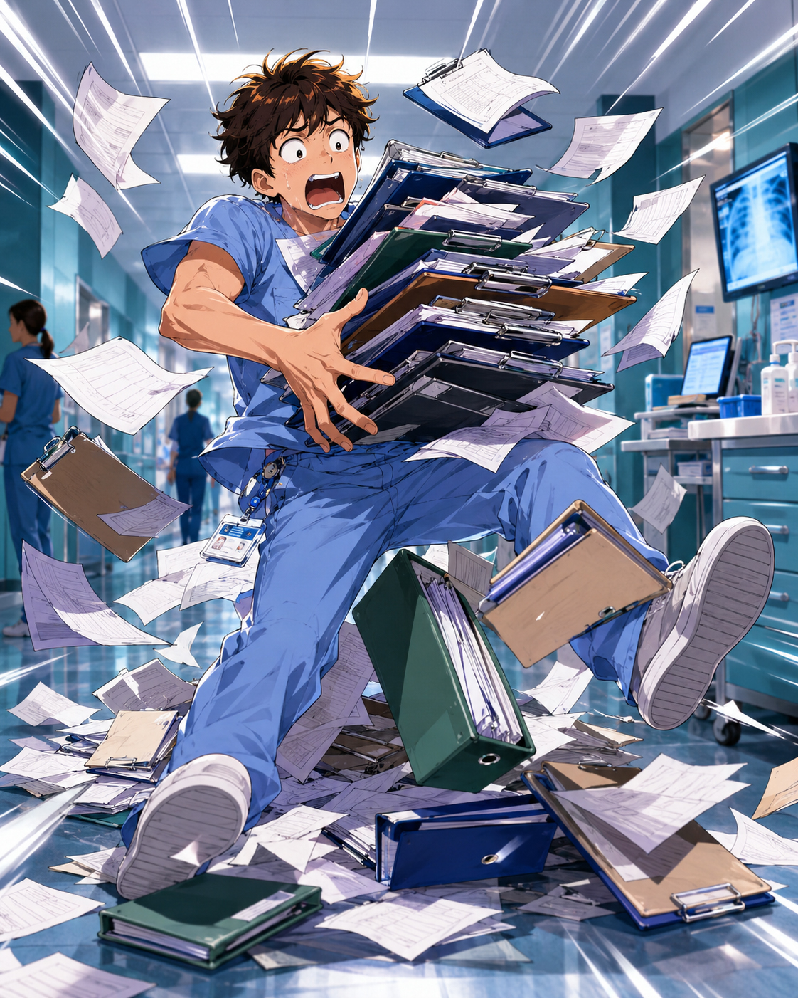 Intern Panic buried under clipboards and paperwork.