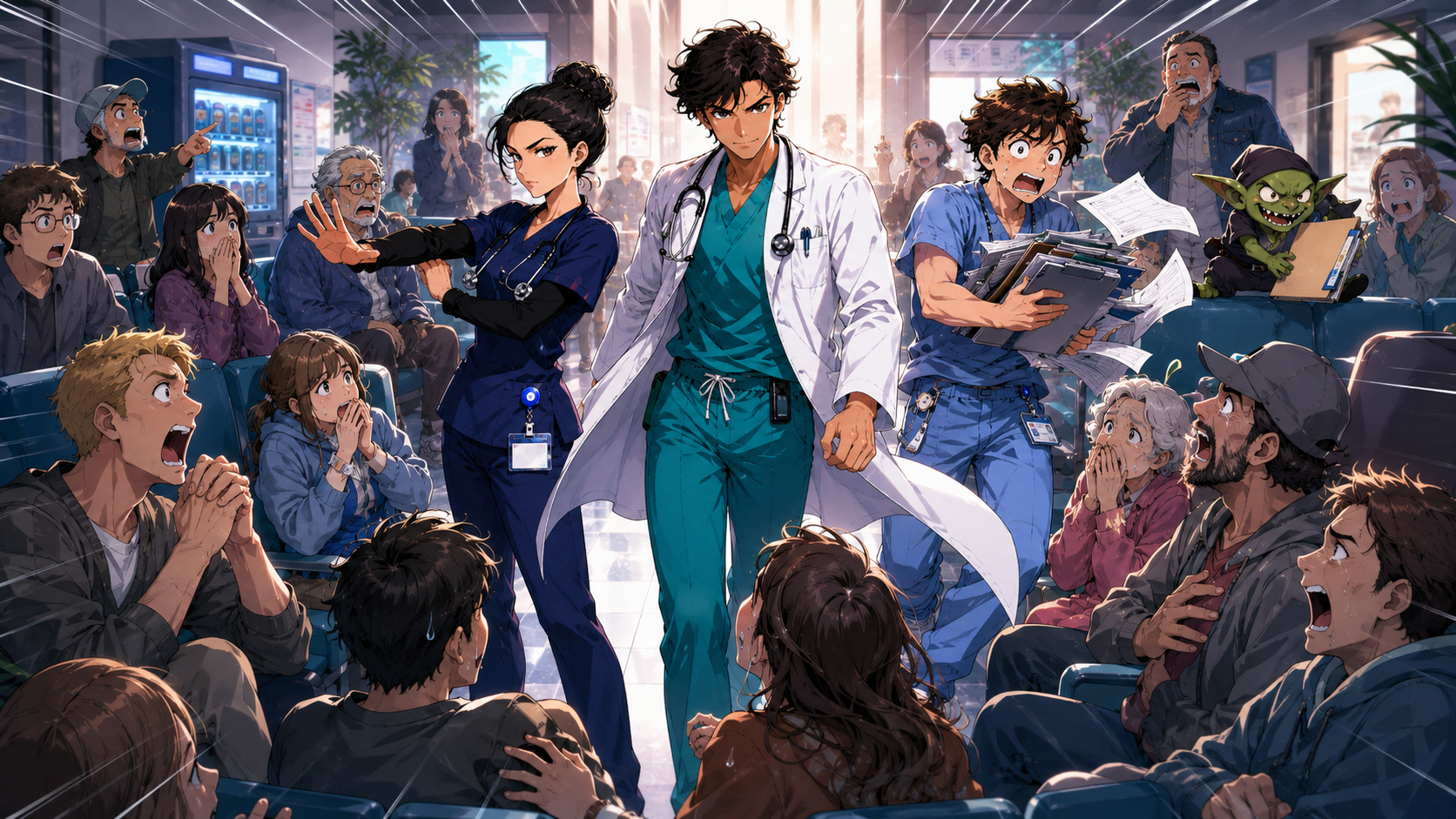 A crowded hospital waiting room reacting like a season finale.